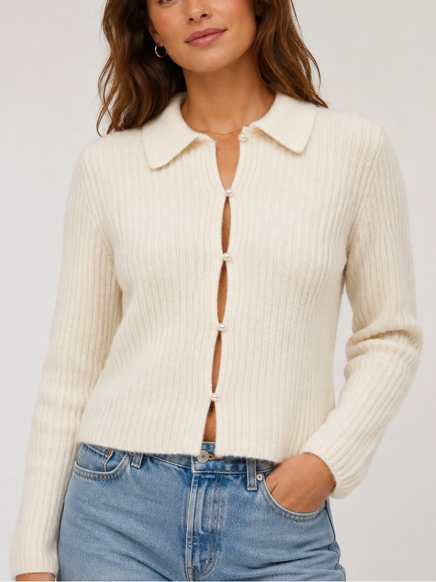 Nwt Abercrombie & Fitch Cream Collared Ribbed Pearl Button Cardigan | M